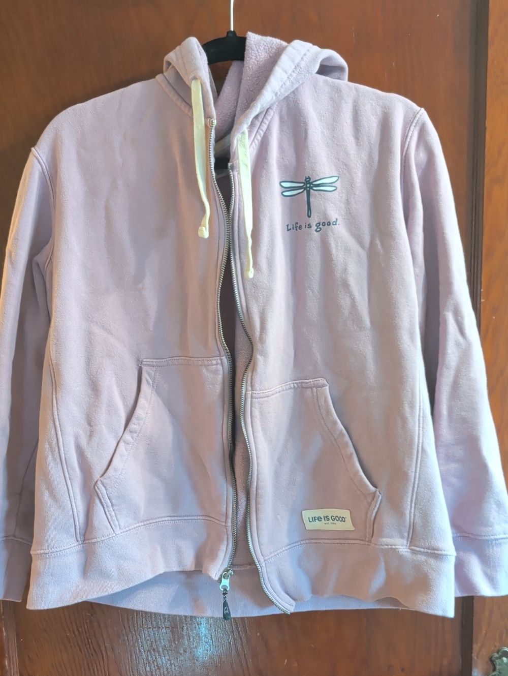 Life Is Good Lavender Dragonfly Zip Hoodie with Cream Drawstrings